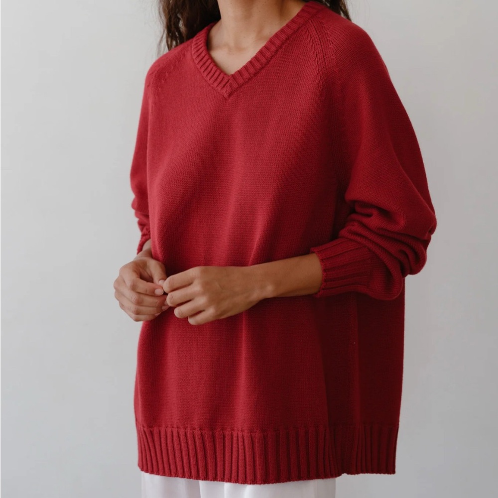 Donni Cotton Cashmere V Neck Sweater, Red, XS